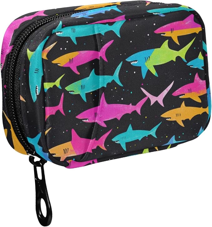 Fustylead Bright Color Shark Silhouette Design Travel Pill Organizer Case Zipper for Purse with Removable Weekly Pill Box for Medicine, Vitamin, Supplement Medicine Organizer