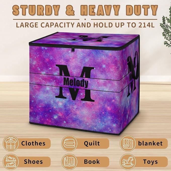 Custom Extra Large Storage Baskets Name with Lid, Personalized Initial Letter Storage Bins Basket Boxes Handles for Clothes Blanket Bedroom Closet Organizing Shelves, Watercolor Purple Universe