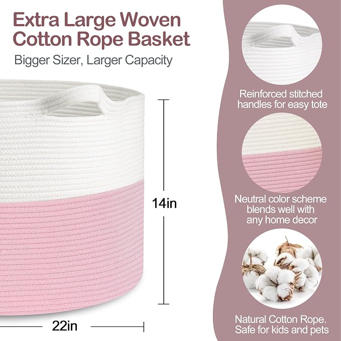 MEGASKET Pink Storage Baskets for Organizing, 22"X22"X14" XXXL Blanket Basket Living Room, Large Toy Basket, Soft Pink Cotton Rope Woven Baskets for Storage, Decorative Gifts Basket Bins for Nursery