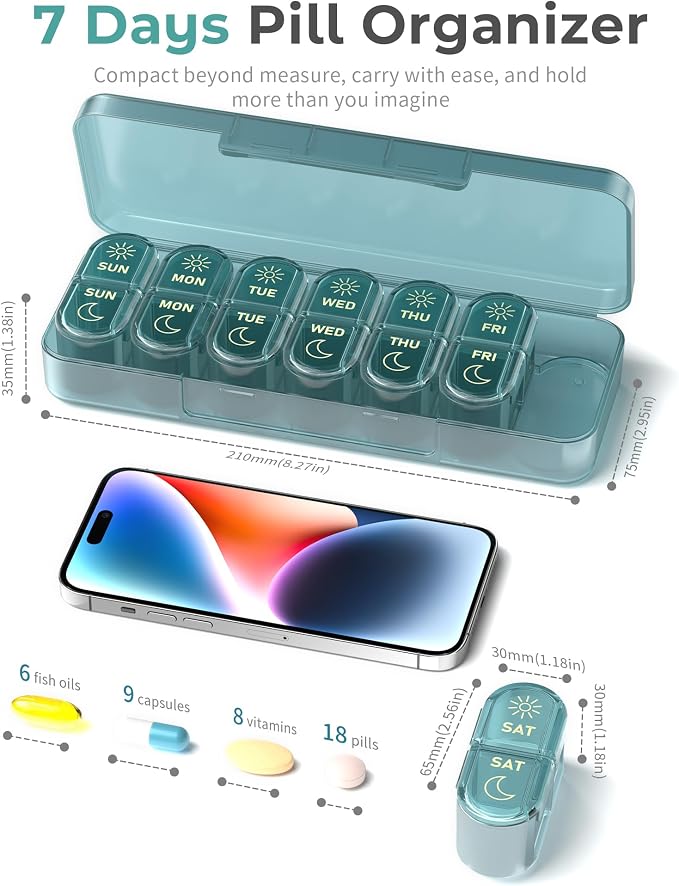 𝐏𝐢𝐥𝐥 𝐎𝐫𝐠𝐚𝐧𝐢𝐳𝐞𝐫, Am & Pm Pill Organizer 7 Days, Weekly Pill Organinzer 2 Times a Day, Pill Box 7 Day, Medicine Pill Organizer for Travel, Vitamins, Fish Oils, Supplements