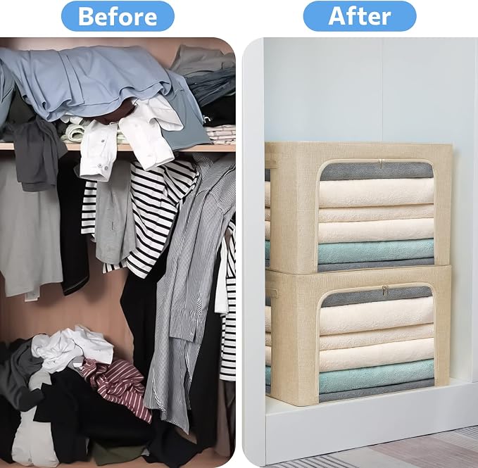 CYhom Extra Large Clothes Storage Bins - Linen Fabric Foldable Stackable Container Organizer Set with Clear Window & Carry Handles & Metal Frame - 2Pack Large Capacity for Bedding, Blankets, Books