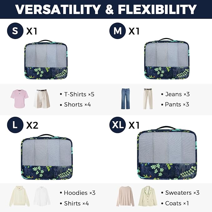 BAGAIL 9 Set Packing Cubes with Packing List Luggage Packing Organizers for Travel Accessories (Navy leaf)