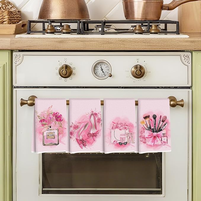 4 Pcs Pink Hand Towels Decor for Bathroom 24x14 Inch, Perfume High Bow Decor Microfiber Reusable Tea Towels for Bathroom, Waffle Weave Dish Drying Towel, Washroom Gifts for Women Mom Friend
