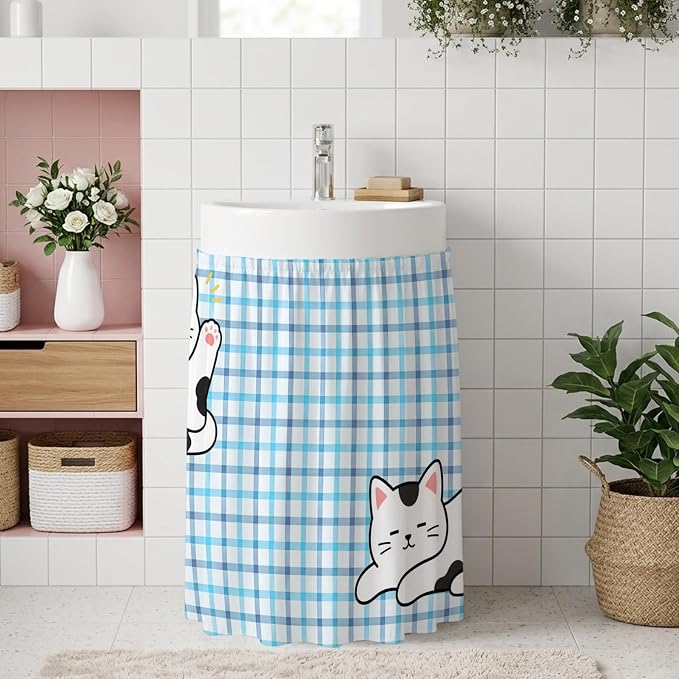 Cute Cat Oven Skirt Curtain for Kitchen Decor 28"x35", Blue Purple Checked Modern Pet Cats Rustic Self Adhesive Stove Curtains Skirt Cabinet Curtains for Bathroom Laundry Room