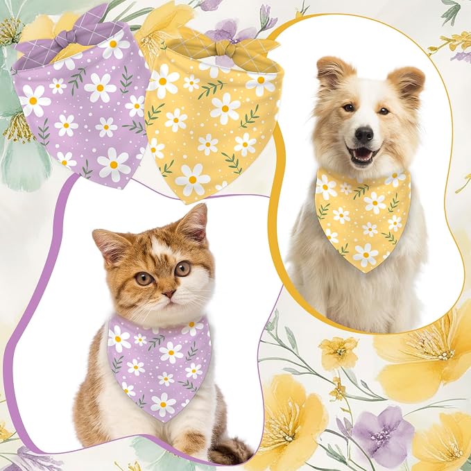 AnyDesign 2 Pcs Spring Floral Dog Bandana Triangle Pet Scarf Cute Boho Daisy Flower Pet Neckerchief Bibs Kerchief for Cat Dog Costume Accessories