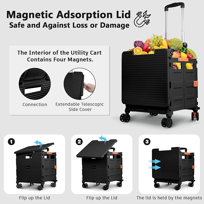 Foldable Utility Cart Collapsible Portable Crate Rolling Carts with Wheels Tote Basket with Magnetic Lid Telescopic Cover Wear-Resistant 360°Rotate Wheel Noiseless for Shopping Storage Office Use