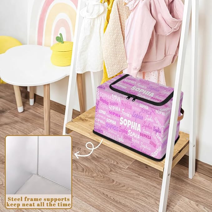 Custom Name Storage Bin with Lid Zipper, Personalized Pink Rectangular Storage Basket with Handles for Organizing Boys Girls Toys Office Closet Shelf Baskets