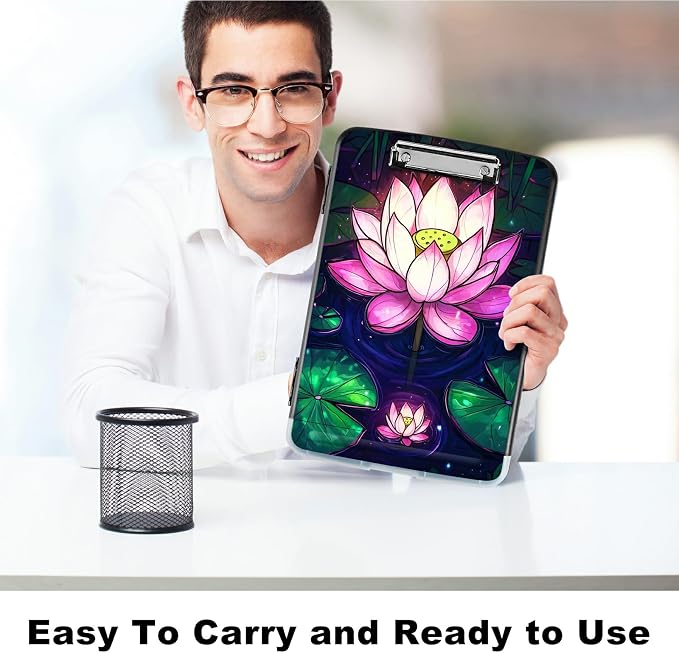 Pink Lotus Flower A4 Clipboard with Storage Pen Holder, Clipboards Organizer Nursing Clipboard Foldable File Folder Plastic Clipboard Folio Clip Board for Office Students Classroom Doctor