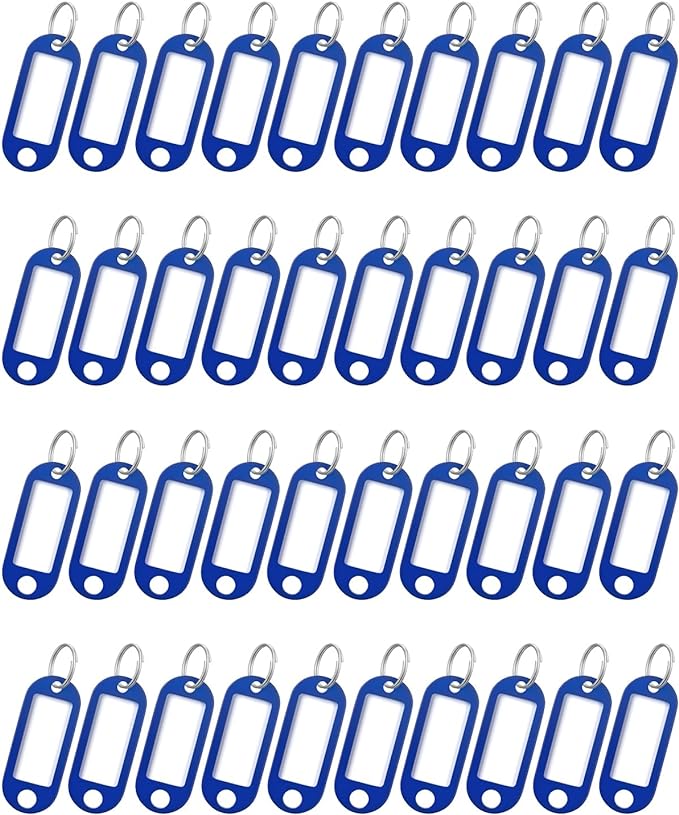 Uniclife 40 Pack Key Tags 2 Inch Plastic Key Chain Tags with Label, Blue | Writable key tags with clear windows, blank paper labels, protective films and split rings for easy item identification