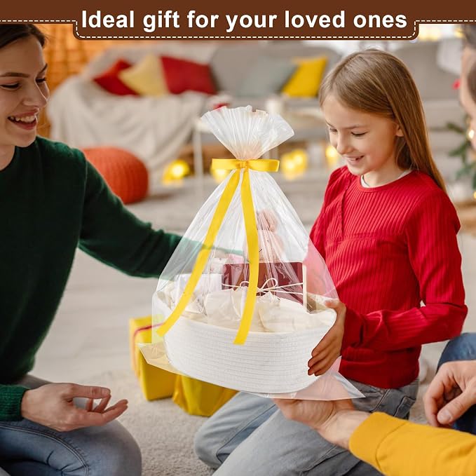 OIAHOMY Gift Basket with Handle, Small Woven Basket with Gift Bag, Ribbon and Wrap Tissue Paper, Nursery Bins Empty to Fill with Small Items, Baby, Pet Toy Organizer - White