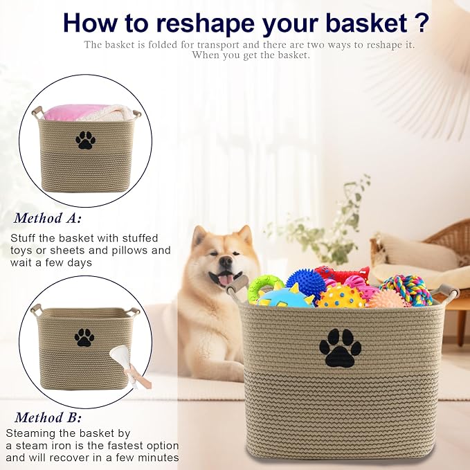Woven Dog Toy Basket, Dog Toy Bin for Living Room Area, Dog Basket | 100% Cotton Rope Basket With Wood Handle, Dog Stuff Storage Organizer, Pet Toy Basket For Toy,Blanket,Clothes-L13.7''×W10.2'