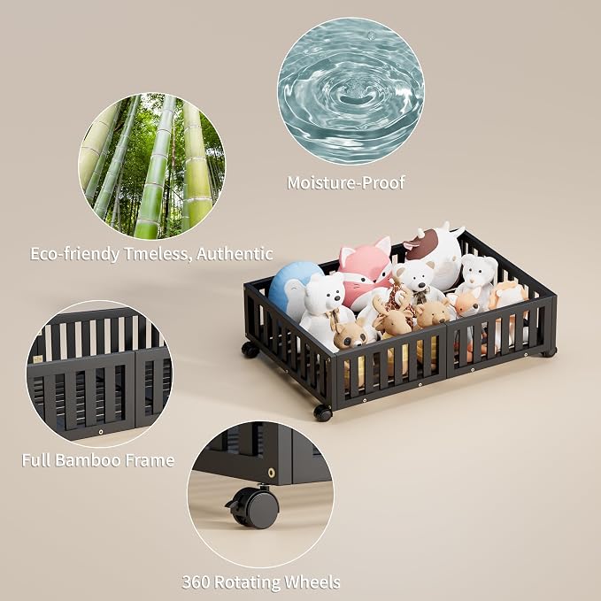 Under Bed Storage with Wheels, 2 Pcs Bamboo Drawers for Clothes and Toy | 360° wheels glide smoothly. Sturdy bamboo frames hold clothes, shoes, bedding and toys. Easy pullout access keeps rooms tidy