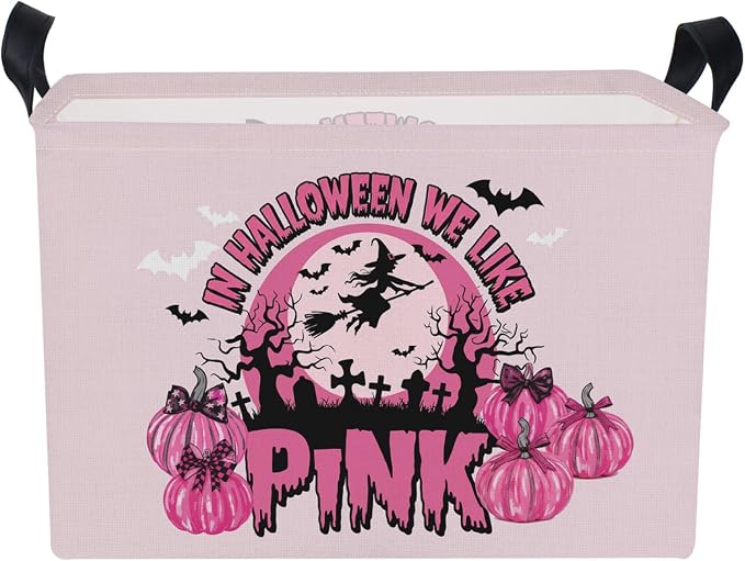 Pink Spooky Cute Witch Halloween Basket with Pumpkin Prints, Trick or Treat Storage basket for Gifts and Party Stuffers(Black Pink Halloween)