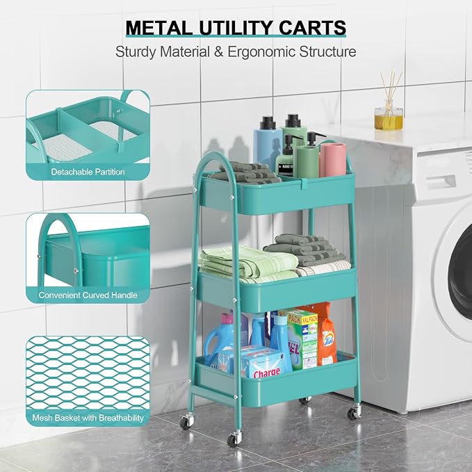 3 Tier Utility Rolling Cart, Metal Storage Cart with Handle and Lockable Wheels, Multifunctional Storage Organizer Trolley with Mesh Baskets for Kitchen, Living Room, Office, Garage (Turquoise)