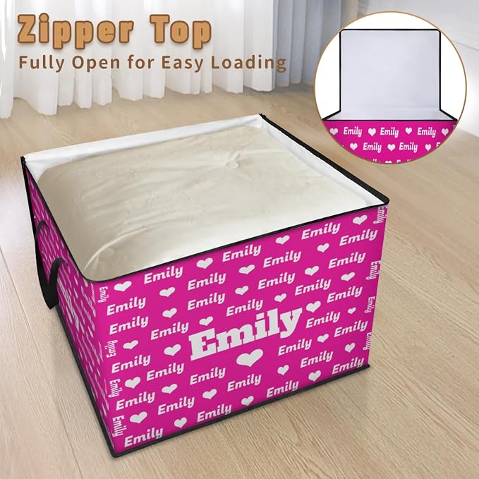 Custom Storage Baskets Cubes for Home with Name, Rosy Pink Background Love Hearts Large Foldable Organizer Collapsible Storage Bins for Home Blanket Comforters Clothes Closet Nursery