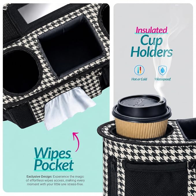 Stroller Organizer Non Slip Straps Stroller Caddy With Cup Holder, Stroller Bag for Phone, Pet Stroller Accessories, Universal Fits Uppababby Vista v2 Wonderfold Wagon, Doona and More (Houndstooth)