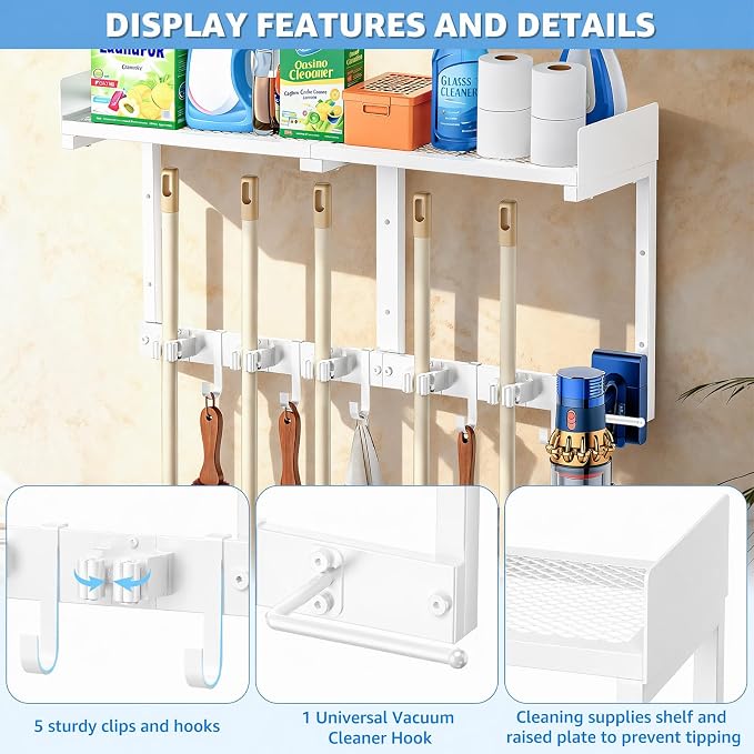 HUFAND Broom Holder Wall Mount, 27" Mop and Broom Organizer with Top Shelf | 5 Grippers,5 Movable S-Hooks,Breathable Grid Shelf,Rust-Resistant Coating,Hardware Included,for Kitchen,Laundry Room