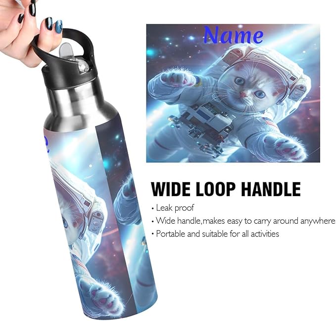 Custom Name Astronaut Cat in Space Water Bottle with Straw Lid Kids Insulated Stainless Steel Water Flask Sports, 20 Oz Hot Cold