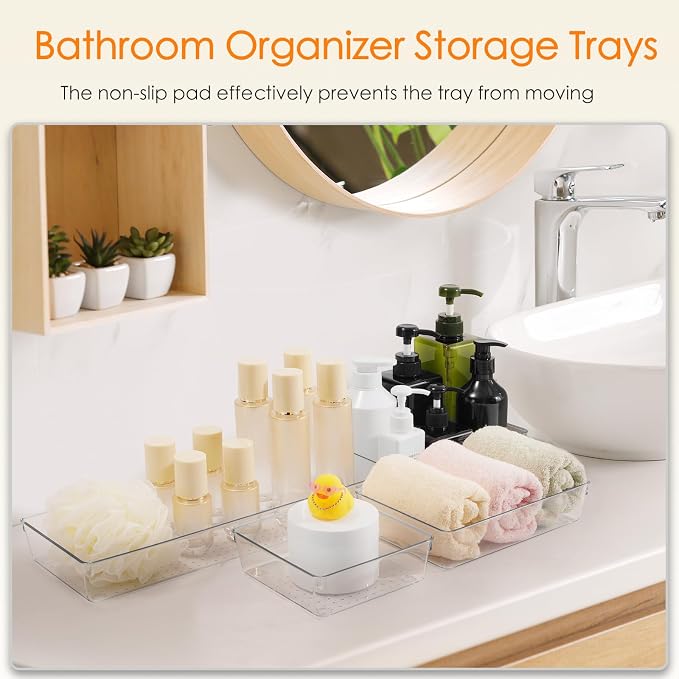 Drawer Organizer, 26 Pack Clear Plastic Drawer Organizer Bins, Versatile Organization and Storage Trays for Kitchen, Bathroom, Vanity Makeup and Office