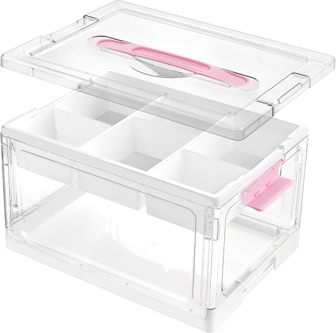 Vtopmart 24 QT Pink Clear Craft Organizer with Tray & Dividers, 1 Pack | Storage Box for Coloring Books, Modeling Clay, Molds and Art Supplies, Removable Tray for Craft Supplies Organization