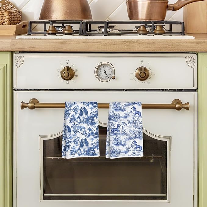 2 Pcs Chinoiserie Cavalier King Charles Spaniel Kitchen Towels 14x24 Inch, Blue and White Floral Dachshund Decorative Dish Tea Towels, Grand Millenial Botanical Dog Hand Towels for Kitchen Bathroom