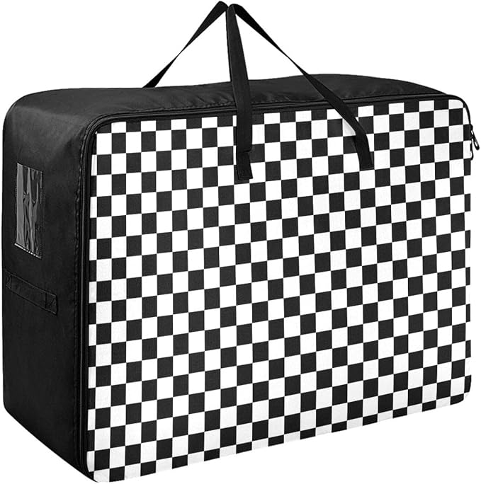 Comforter Storage Bags Large Folding Blanket Organizer Bag with Strong Handles Clear Window Closet Storage Containers for Clothes King Queen Pillows Bedding Quilt Duvet Checkered Black and Whit