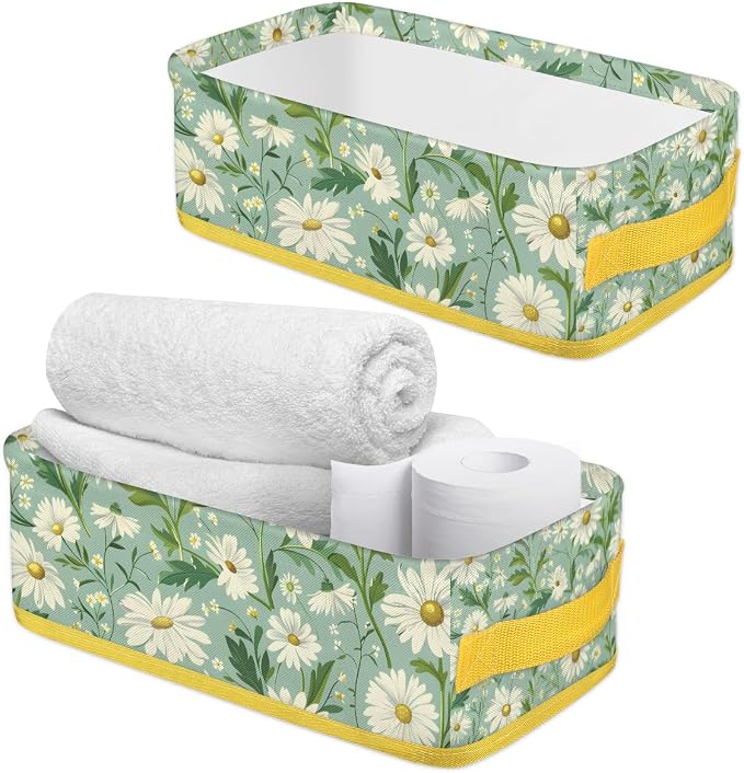 Daisy Green White Flowers Bathroom Storage Basket, Foldable with Handle Open Countertop Paper Towel Decorative Box, Toilet Tank Top Shelf Baskets for Home Closet Bedroom Living Room Office