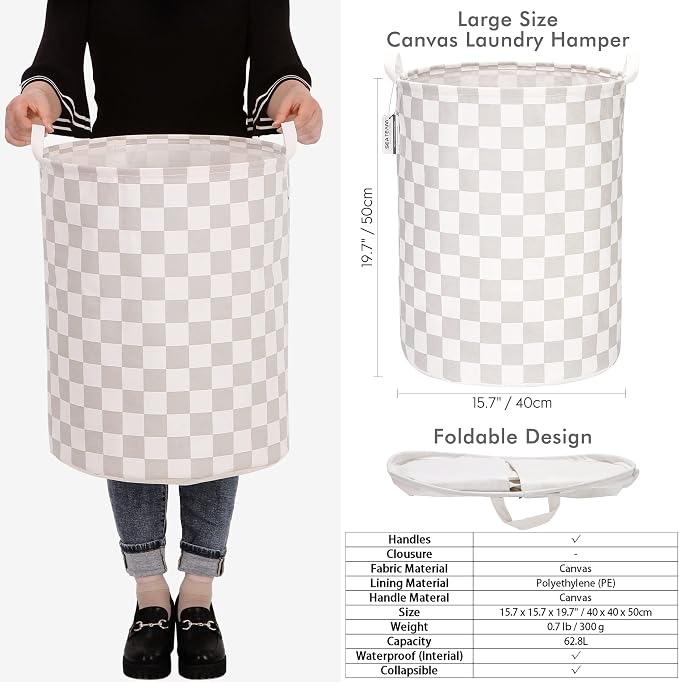 Sea Team Large Canvas Laundry Basket with Handles, Gray Grids | Collapsible Fabric Laundry Hamper, Closet Shelf Organizers, Containers for Clothing, Blankets, Toys, Bedding, 19.7 x 15.7”