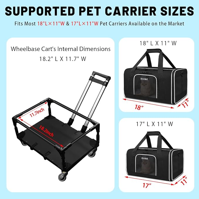 Foldable Wheel Base Cart for 18" L×11" W & 17" L×11" W Pet Carrier | Easy to Load & Unload the Carrier, Roll and 360° Swivel Smoothly, Fits Overhead Bin, Removable Silent Wheels, Portable
