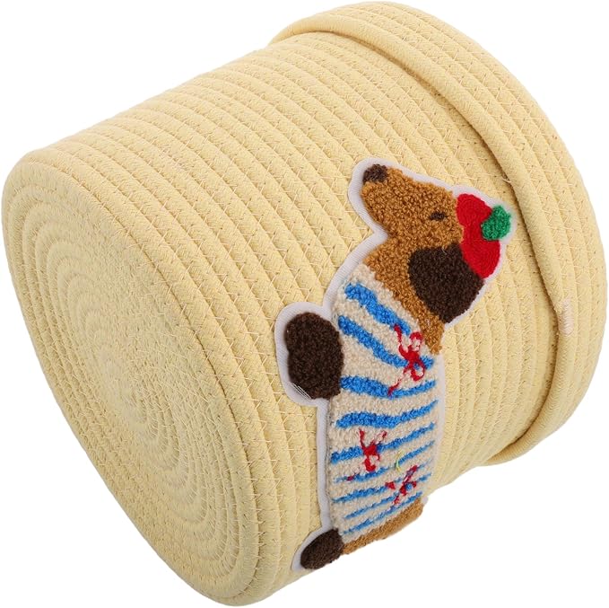 Cute Dog Storage Basket with Lid Woven Cotton Rope Organizer for Car Nursery and Pet Toys Generous Capacity Dust Protection Adorable Design Yellow Dachshund
