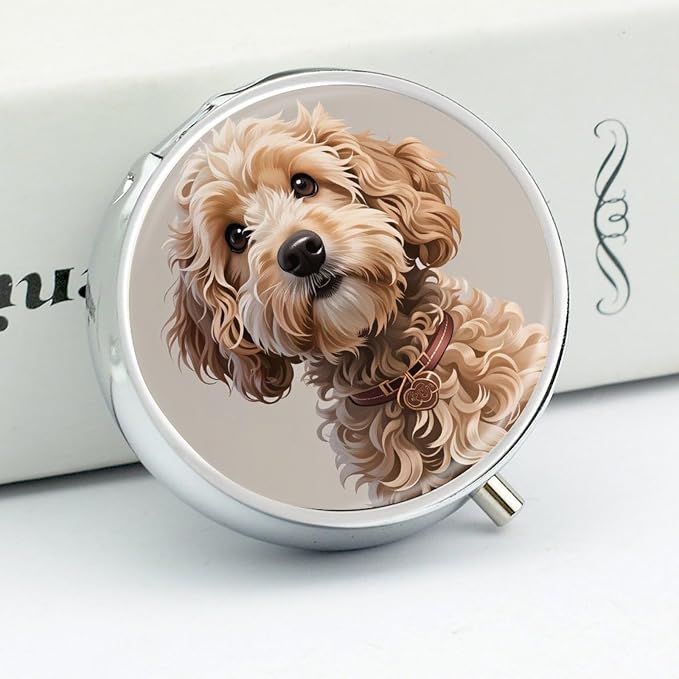 Cute Cockapoo Metal Pill Organizer with Mirror, 3-Compartment Travel Pill Box, 2-Inch Round Pocket Medicine Case with Secure Latch, Portable Vitamin Holder for Women & Men