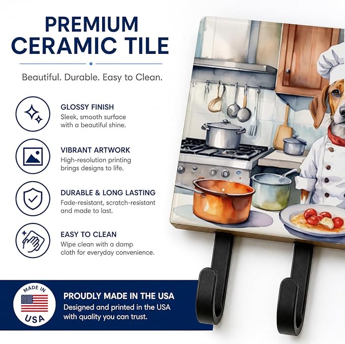 Caroline's Treasures English Foxhound The Chef Leash or Key Holder Wall Hooks, Key Hooks Holder, Coat Rack Wall Mount, Coat Hooks, Hooks for Hanging Keys, Towels, Aprons, Leashes | English Foxhound The Chef artwork on ceramic tile with three steel hook...