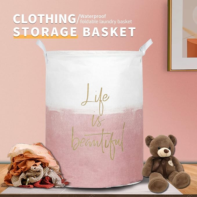 Merdes 19.7’’ Waterproof Foldable Laundry Hamper, Dirty Clothes Laundry Basket, Linen Bin Storage Organizer for Toy Collection (Life Pink)
