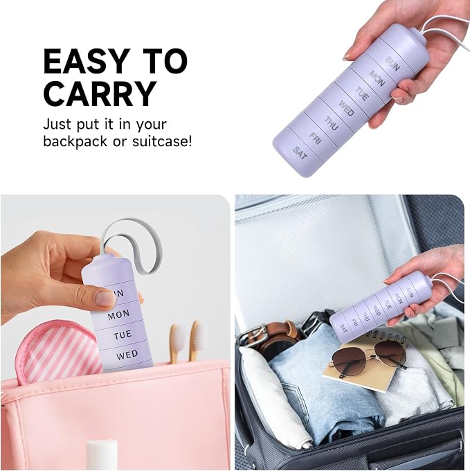 Betife Travel Pill Organizer, 7 Day Stackable Weekly Pill Case - Purple | Daily Pill Container with 7 Large Stackable Compartments, Sturdy ABS Snap-lock, No Metal-on-Metal Friction, Portable Pill Box