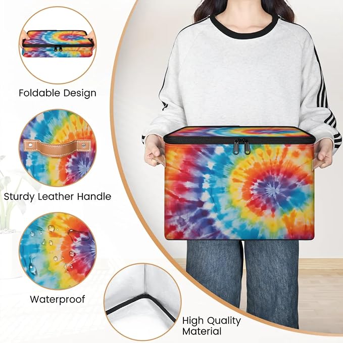 Pardick Storage Bin Rainbow Tie Dye Storage Baskets with Zipper Lid & Handle Foldable Closet Shelf Cloth Organizer Basket Cube Bins Clothes Organizer for Nursery, Bedroom