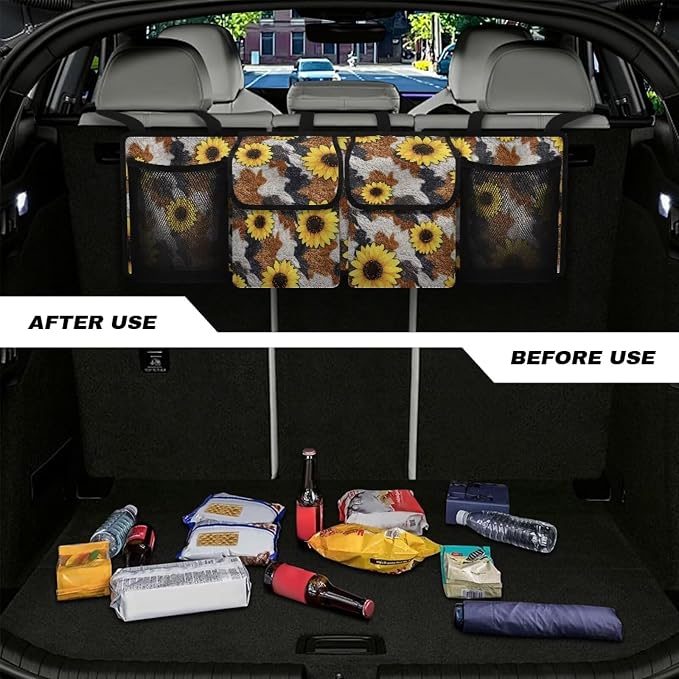 Cow Print Car Trunk Organizer Sunflower Back Seat Car Organizer Dust-Proof Heavy-Duty Trunk Storage with Adjustable Straps
