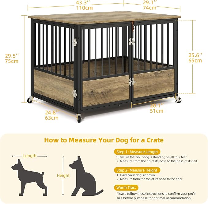 DWVO 43 Inch Dog Crate Furniture with Wheels & with Double-Doors | Dog Kennel Indoor Furniture End Table Dog Crate for Dogs, Farmhouse Decorative Wooden Dog Cage Table, Chew-Resistant, Greige