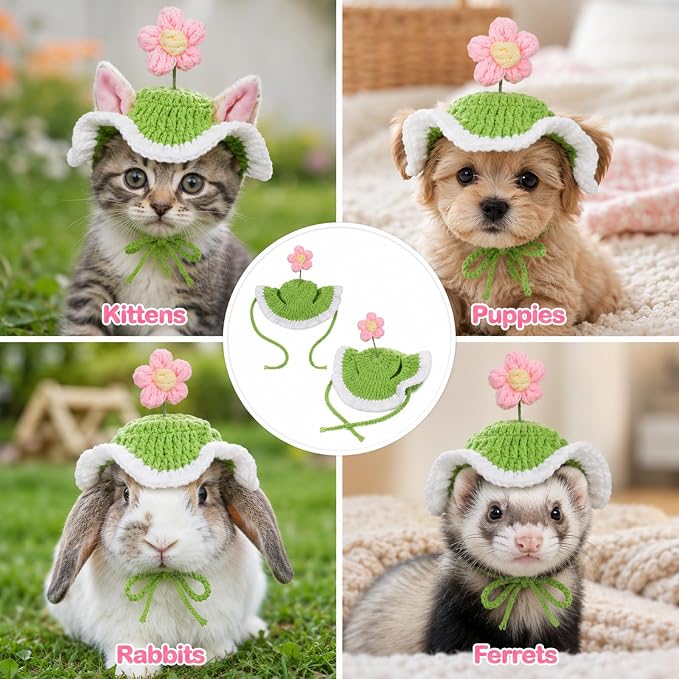 Flower Cat Hat, Green Cotton & Soft Cute Knitted Hats for Cats | Halloween Christmas Holiday Party Clothes Birthday Party Puppy Hat for Small Pets, Holiday & Photo Outfit