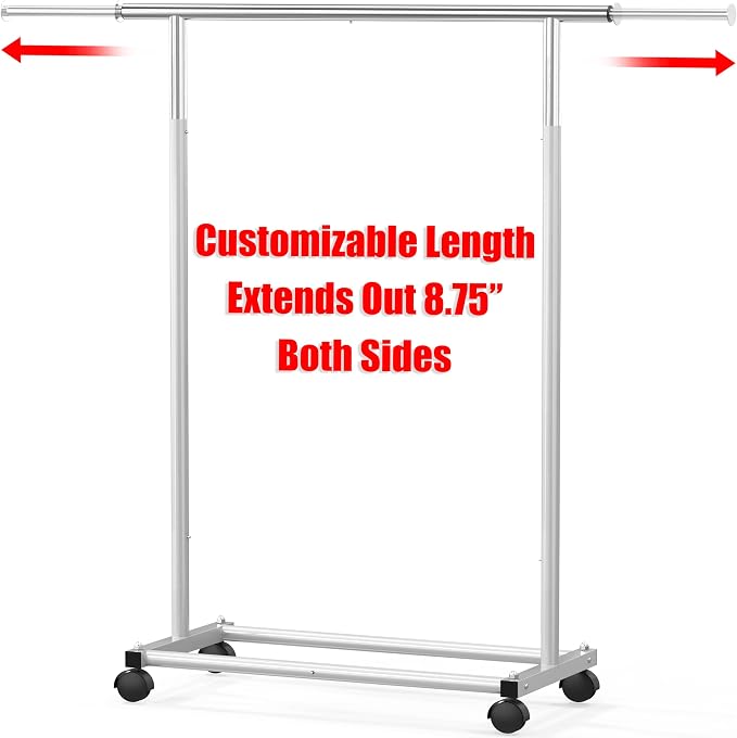 Simple Houseware Standard Rod Garment Clothing Rack, Silver | Single Rail, Extendable Width from 30 to 47 Inches, Rolling Clothing Organizer for Bedroom, Laundry, Living Room