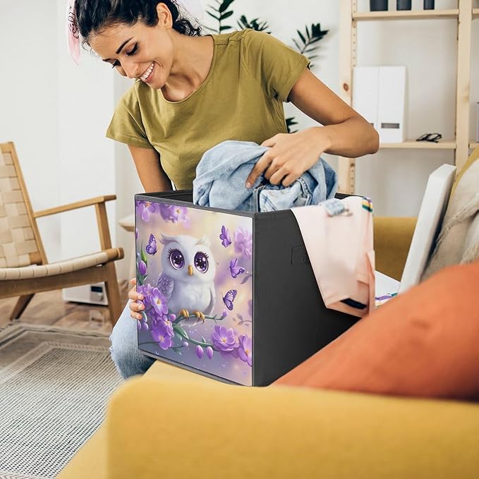 Owl Foldable Storage Bins, 10.6" Cube Storage Organizer, Sturdy Oxford Cloth Fabric Baskets for Closet, Shelf, Nursery, Bedroom, Decorative Printed Box for Toys & Clothes