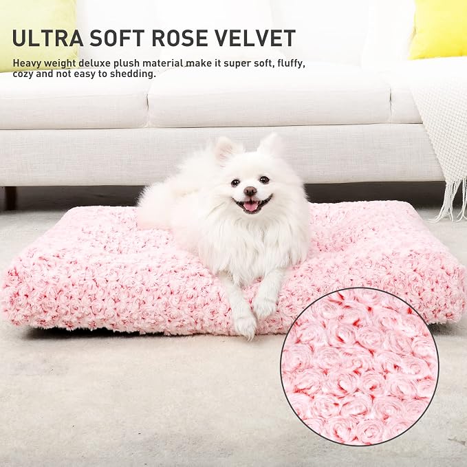 KSIIA Washable Dog Bed Medium Size Dog Crate Bed Plush Pet Mat 29"x21" Pink | Deluxe Plush Comfy Kennel Pad, Anti-Slip Bottom,Deep Sleeping Mat for Medium Dogs,Machine Washable for Easy Cleaning