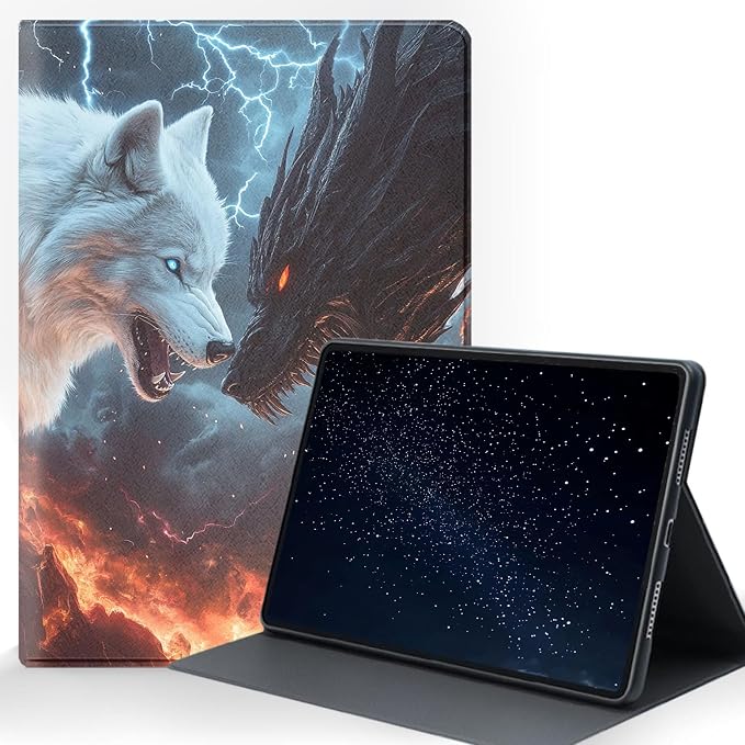 for Samsung Galaxy Tab A7 Lite 2021 (SM-T220/T225/T227) Tablet Protective Cover with Adjustable Stand and Magnetic Auto Wake/Sleep,Wolf and Dragon