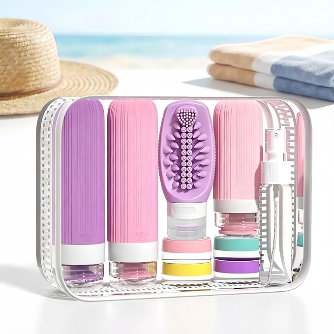 Vitog 16 Pack Travel Bottles with Soft Brush, TSA Approved Silicone Travel Containers for Toiletries, Squeezable Leak Proof Refillable Travel Accessories for Conditioner, Shampoo, Lotion & Body Wash