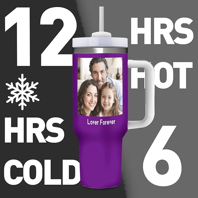 Personalized 40 OZ Ice Bully Cup with Handle and Straw, Custom Stainless Steel Tumbler with Lid Add Photo Logo Text, Design Travel Coffee Cup Present for Family Friends Birthday Christmas