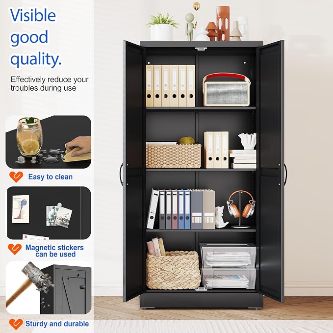 GAIOUS 63" Tall Metal Storage Cabinet Black Cupboard Kitchen Pantry Cabinet | with 2 Doors and 3 Adjustable Shelves,Steel Freestanding 4 Tier File Cabinet for Office Dining Bathroom Bedroom,Food Storage