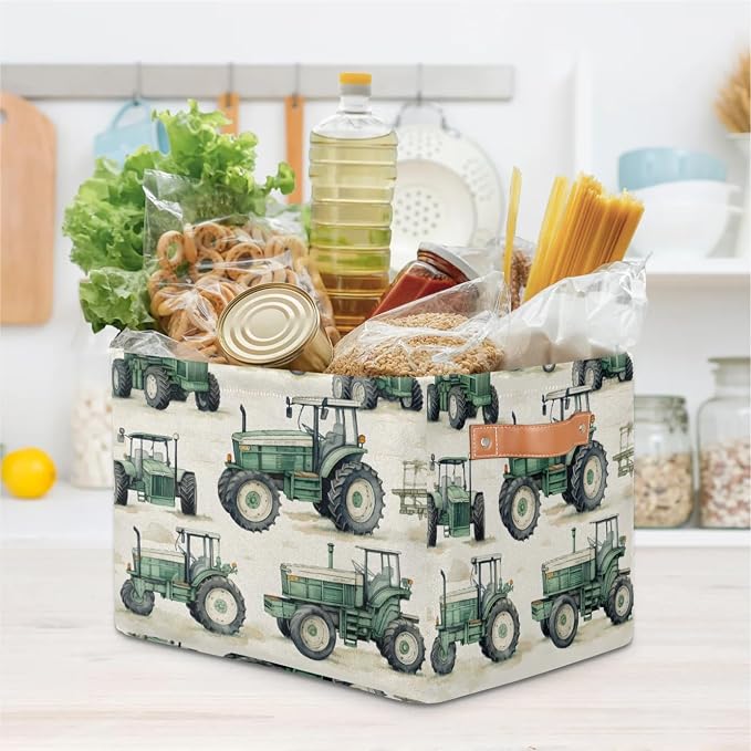 Farmhouse Tractor Truck Storage Boxes Theme Storage Nursery Baskets with Handle Closet Collapsible Organizer Shelf Bins for Book Cloth 15 X 11 X 9.5 IN
