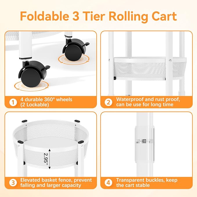 TOOLF 3 Tier Foldable Rolling Cart, Metal Utility Storage Cart, White | Assembly-Free, Lockable Wheels, Round Trolley Organizer for Bathroom, Kitchen, Office, Dorm, Laundry, Craft Room