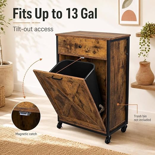 VINGLI 13 Gal Tilt Out Trash Can Cabinet with Drawer & Wheels, Rustic Brown | Wood Hidden Trash Can Kitchen Cabinet with Drawer, Freestanding Pet Proof Storage Organizer, Laundry Basket