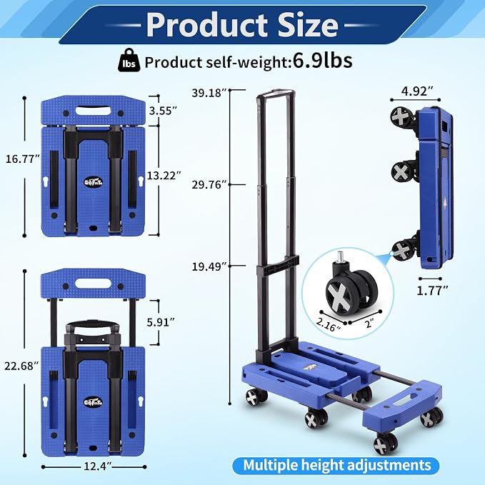 GtIiFmTe Foldable Hand Truck, Lightweight Luggage Cart for Airport Car Seat | Compact Folding dolly with Rotating swivel wheel,storage size12×15.7×4.1",300lbs Load,Upright Lock Handle with 3bungee cords
