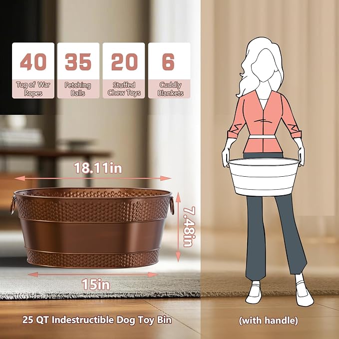 Copper Metal Dog Toy Storage Bin, 25-Quart | Sturdy Oval Design with Handles, Easy Toy Access and Carrying, Suitable for Living Rooms